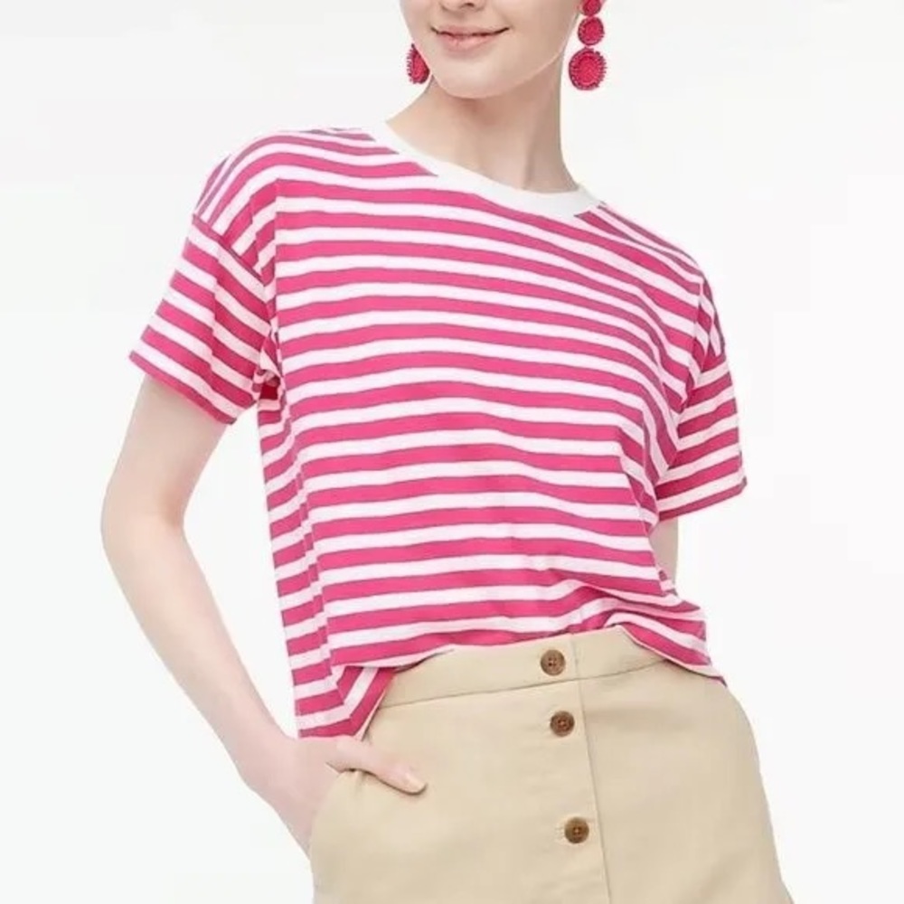 J Crew Striped Fuchsia Blossom and White T-shirt